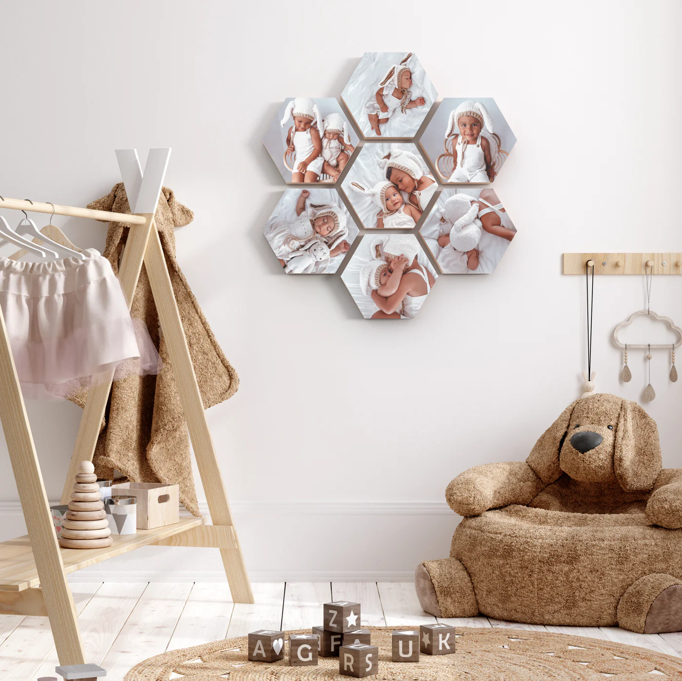 Hexagon honeycomb photo wall in nursery