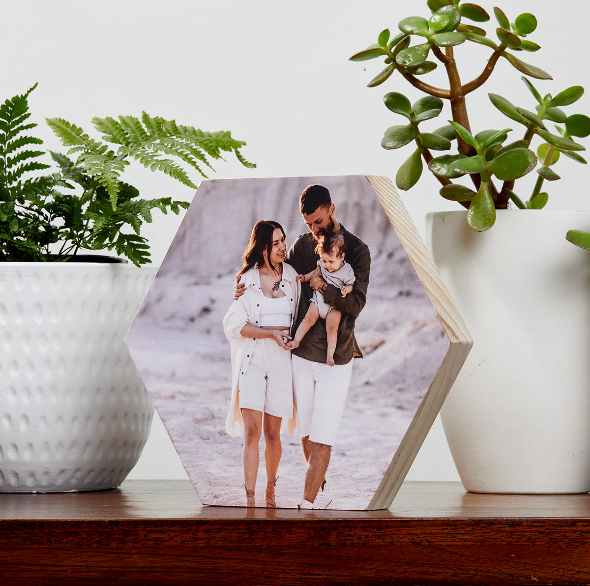 Family on hexagon wood block